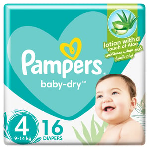 Buy Pampers Baby-Dry Taped Diapers with Aloe Vera Lotion, up to 100% Leakage Protection, Size 4, 9-14kg, 16 pcs Online at Best Price | Baby Nappies | Lulu Kuwait in Kuwait