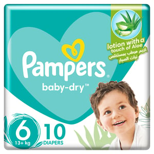 Buy Pampers Baby-Dry Taped Diapers with Aloe Vera Lotion, up to 100% Leakage Protection, Size 6, 13+kg, 10 pcs Online at Best Price | Baby Nappies | Lulu UAE in Kuwait
