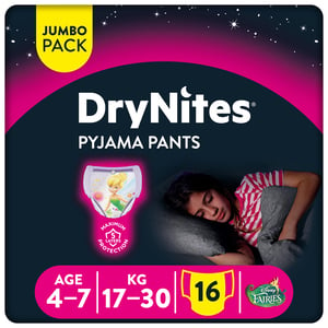 Huggies DryNites Pyjama Pants 4-7 years Bed Wetting Diaper Girls 17-30 kg Jumbo Pack 16 pcs