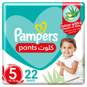 Buy Pampers Baby-Dry Pants Diapers with Aloe Vera Lotion, 360 Fit & up to 100% Leakproof, Size 5, 12-18kg, Carry Pack, 22 pcs Online at Best Price | Baby Nappies | Lulu Kuwait in Kuwait