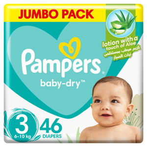 Buy Pampers Baby-Dry Taped Diapers with Aloe Vera Lotion up to 100% Leakage Protection Size 3 6-10kg 46 pcs Online at Best Price | Baby Nappies | Lulu Kuwait in Kuwait