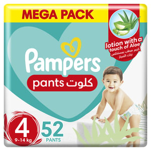 Buy Pampers Baby-Dry Pants Diapers with Aloe Vera Lotion, 360 Fit & up to 100% Leakproof, Size 4 9-14kg Mega Pack, 52 Count Online at Best Price | Baby Nappies | Lulu KSA in Kuwait