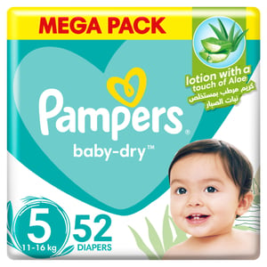 Buy Pampers Baby-Dry Taped Diapers with Aloe Vera Lotion, up to 100% Leakage Protection, Size 5, 11-16kg, 52 pcs Online at Best Price | Baby Nappies | Lulu Kuwait in Kuwait