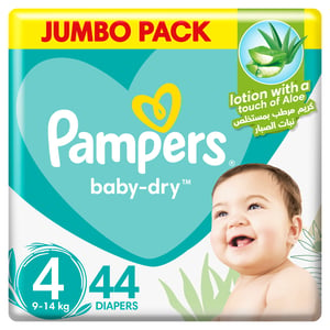 Buy Pampers Baby-Dry Taped Diapers with Aloe Vera Lotion up to 100% Leakage Protection Size 4 9-14kg 44 pcs Online at Best Price | Baby Nappies | Lulu Kuwait in Kuwait