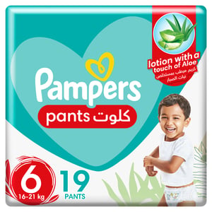 Buy Pampers Baby-Dry Pants Diapers with Aloe Vera Lotion, 360 Fit & up to 100% Leakproof Size 6 16-21kg 19 pcs Online at Best Price | Baby Nappies | Lulu UAE in Kuwait