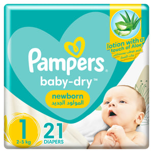 Buy Pampers Baby-Dry Newborn Taped Diapers with Aloe Vera Lotion, up to 100% Leakage Protection, Size 1, 2-5kg, Carry Pack, 21 pcs Online at Best Price | Baby Nappies | Lulu Kuwait in UAE