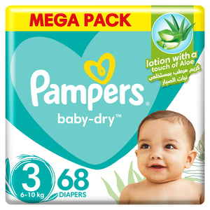 Buy Pampers Baby-Dry Taped Diapers with Aloe Vera Lotion, up to 100% Leakage Protection, Size 3, 6-10kg, 68 pcs Online at Best Price | Baby Nappies | Lulu UAE in Kuwait