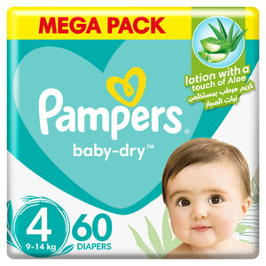 Buy Pampers Baby-Dry Taped Diapers with Aloe Vera Lotion, up to 100% Leakage Protection, Size 4, 9-14kg, 60 pcs Online at Best Price | Baby Nappies | Lulu KSA in Kuwait