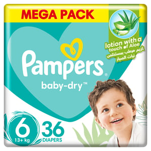 Buy Pampers Baby-Dry Taped Diapers with Aloe Vera Lotion, Leakage Protection, Size 6, 13+kg, 36 pcs Online at Best Price | Baby Nappies | Lulu Kuwait in Kuwait