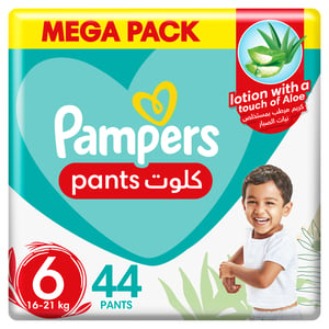Buy Pampers Baby-Dry Pants Diapers with Aloe Vera Lotion, 360 Fit & up to 100% Leakproof, Size 6, 16-21kg, Mega Pack, 44 pcs Online at Best Price | Baby Nappies | Lulu Kuwait in Kuwait