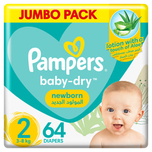 Buy Pampers Baby-Dry Newborn Taped Diapers with Aloe Vera Lotion, up to 100% Leakage Protection, Size 2, 3-8kg, Jumbo Pack, 64 pcs Online at Best Price | Baby Nappies | Lulu Kuwait in Kuwait