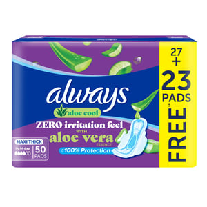 Buy Always Aloe Cool Aloe Vera Essence For Light Days For Zero Irritation Feel Long Maxi Thick Pads Sanitary Pads With Wings 50 pcs Online at Best Price | Sanpro Pads | Lulu KSA in UAE