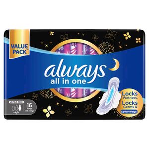Always All in One Ultra Thin Night Sanitary Pads With Wings 16pcs