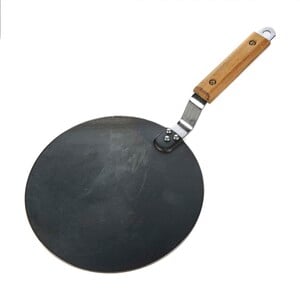 Chefline Iron Induction Tawa with Strip Wooden Handle, 23 cm, Black, IND