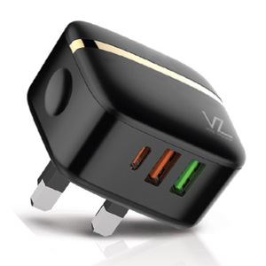 Voz 32W Three port Wall Charger With PD+QC 3.0 Port, Black, VZWPD02