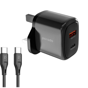 Porodo 20 W QC USB A + USB C Charger UK with USB C to USB C 1.2M Cable, Black