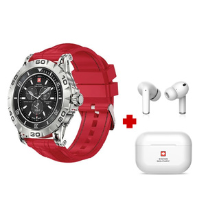 Swiss Military Smart Watch Silicone Strap DOM 2 Red + TWS Earbuds Delta