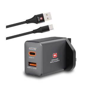 Swiss Military 45 W Gan Super Adapter, 1C1A + USB A to USB C Cable, AC60W