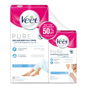 Veet Pure Leg & Body Wax Strips 20 pcs + Underarm Wax Strips 16 pcs