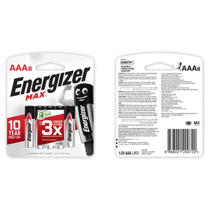 Energizer Max Alkaline AAA Battery 1.5 V E92BP8, 8 Pcs Pack