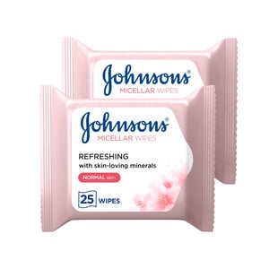 جونسون مناديل مبللة بماء الميسيلار لتنظيف الوجه بماء الورد 25 حبه × 2