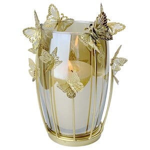 Maple Leaf Home Metal Candle Holder with Amber Glass Cup, Gold