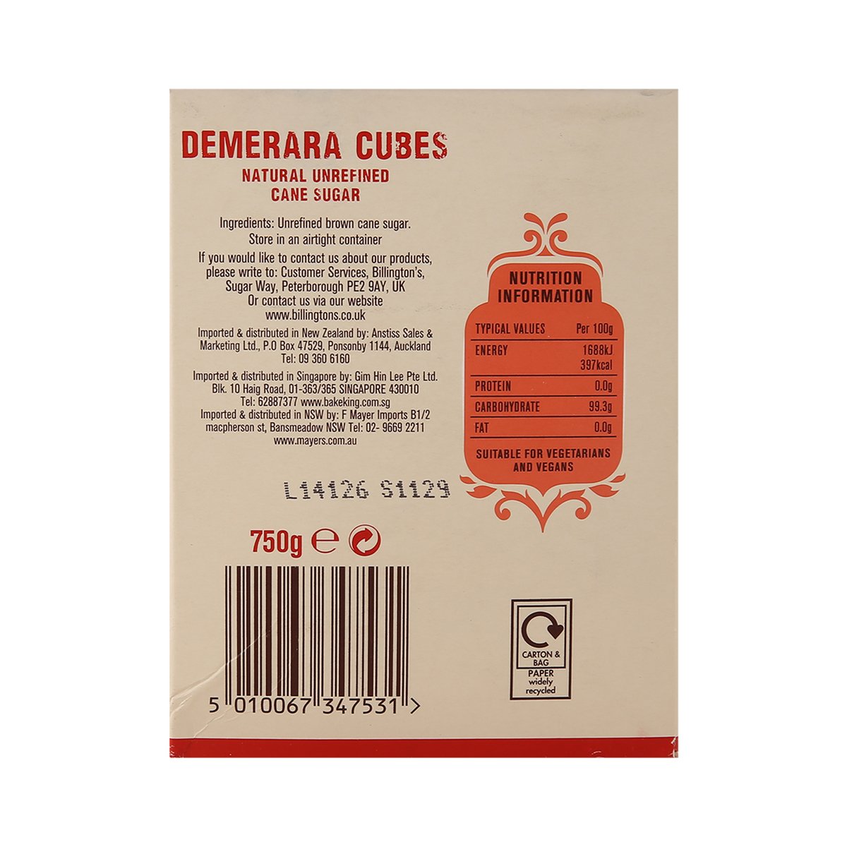 Billington's Demerara Rough Cut Cafe Cubes 750 g