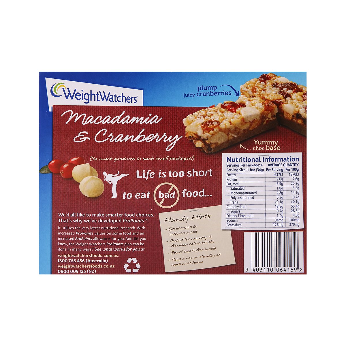 Weight Watchers Macadamia & Cranberry Nut Bar 136g