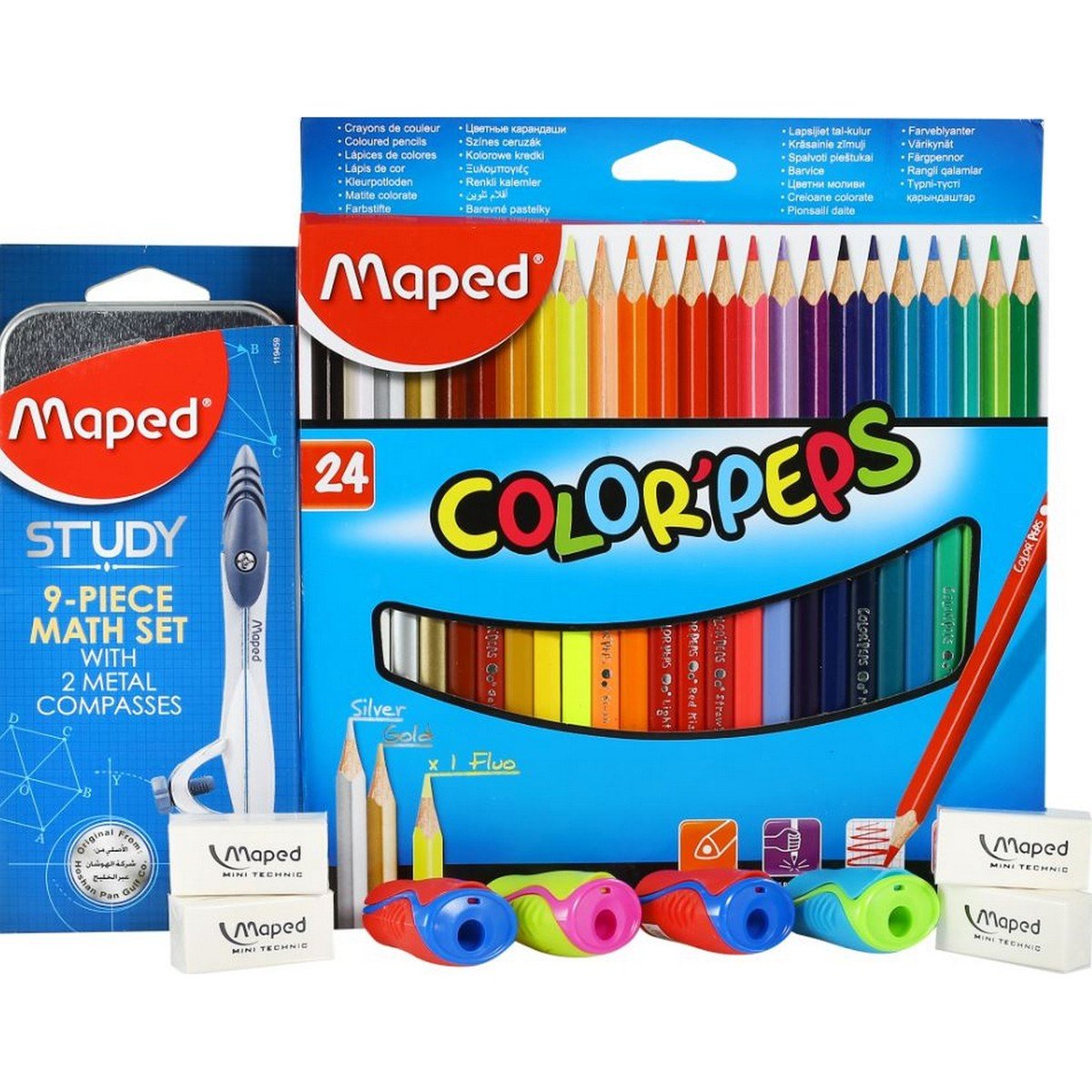 Maped Color Pencil 24Pcs + Math Set 1 Box + Eraser 4Pcs + Sharpener 4Pcs