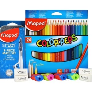 مابد أقلام تلوين خشبية 24 لون + أدوات هندسية - علبة واحدة + ممحاة 4 حبات + براية 4 حبات