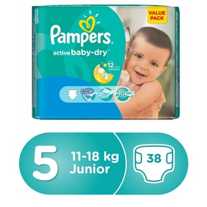 Pampers Active Baby Dry Diapers, Size 5, Junior, 11-18kg, Value Pack, 38pcs
