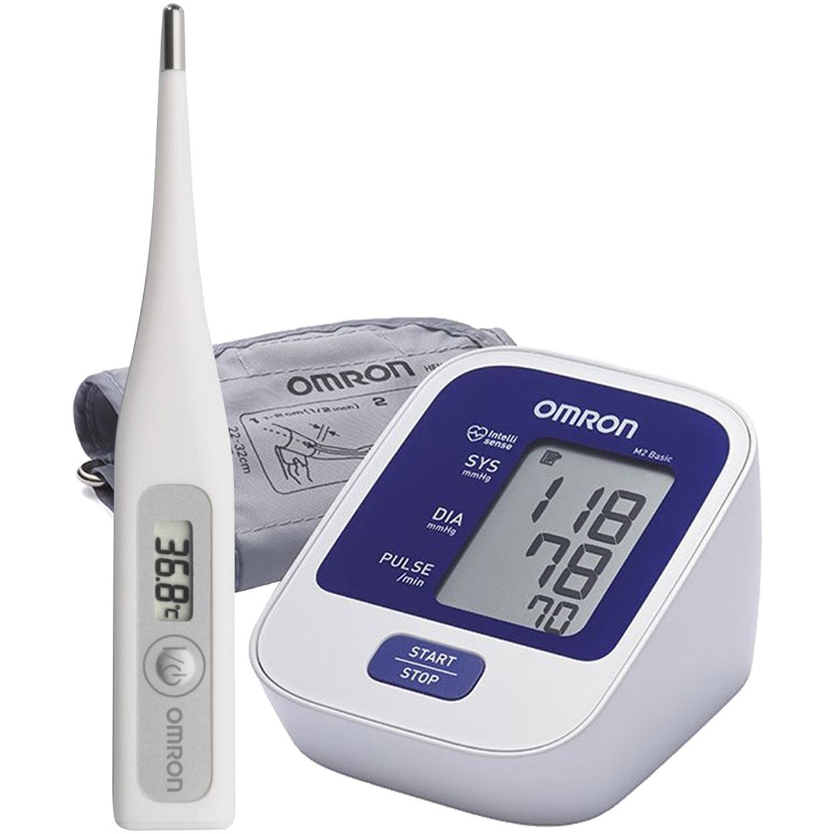 أومرون جهاز قياس ضغط الدم M2 Basic + شاحن لجهاز M2 Basic + أمرون مقياس الحرارة رقمي Eco Temp Basic