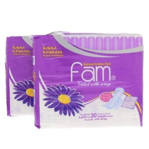 Buy Fam Feminine Pads Super With Wings 2 X 30pcs Online at Best Price | Sanpro Pads | Lulu Kuwait in Kuwait