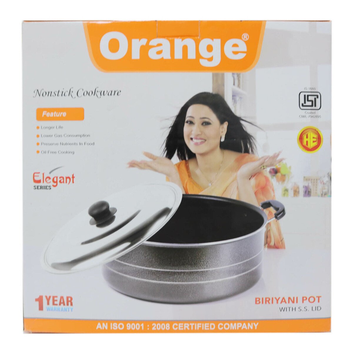Orange Non Stick Briyani Pot With Stainless Steel Lid 36cm
