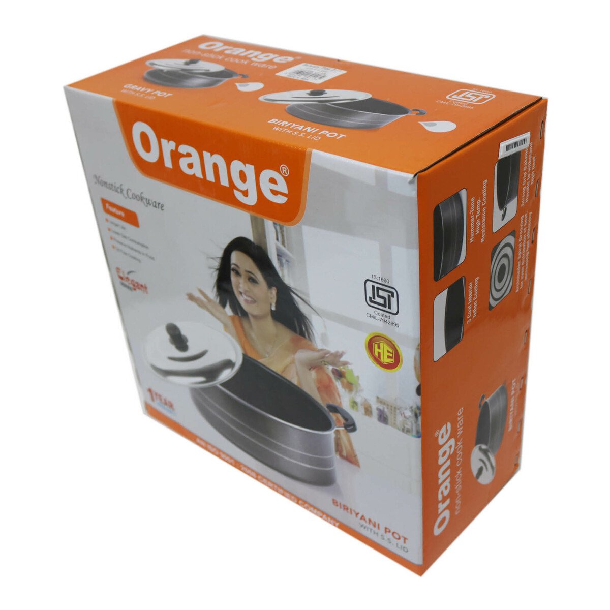 Orange Non Stick Briyani Pot With Stainless Steel Lid 36cm