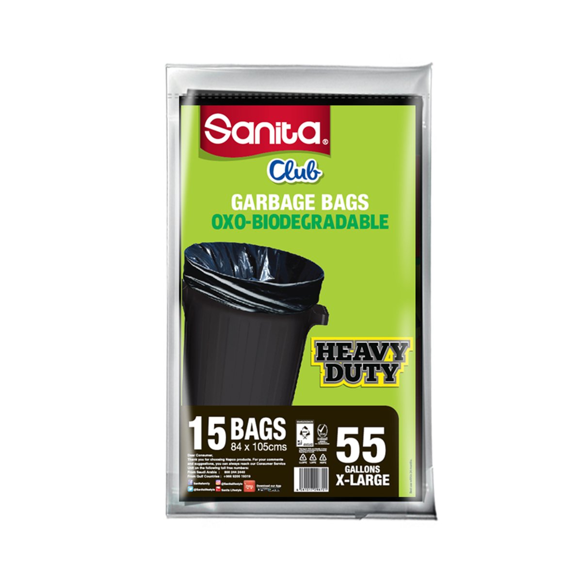 Sanita Club Garbage Bags Oxo-Biodegradable 55 Gallons X-Large Size 84 x 110cm 15pcs