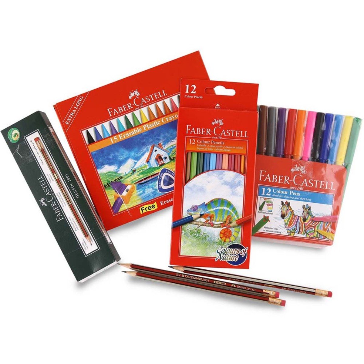Faber-Castell Erasable Crayon 15pcs + Color Pencil 12pcs + Sketch Pen 12pcs + 12 pcs HB Pencil 1 pkt