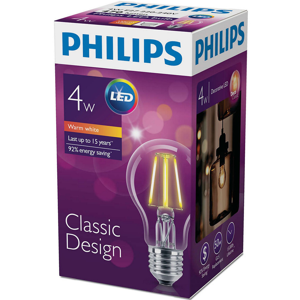 Philips LED Bulb Filament 4-50W E27 WW A60 ND 1CT APR