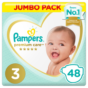 Pampers Premium Care Diapers, Size 3, Midi, 6-10 kg, Jumbo Pack, 48 Count