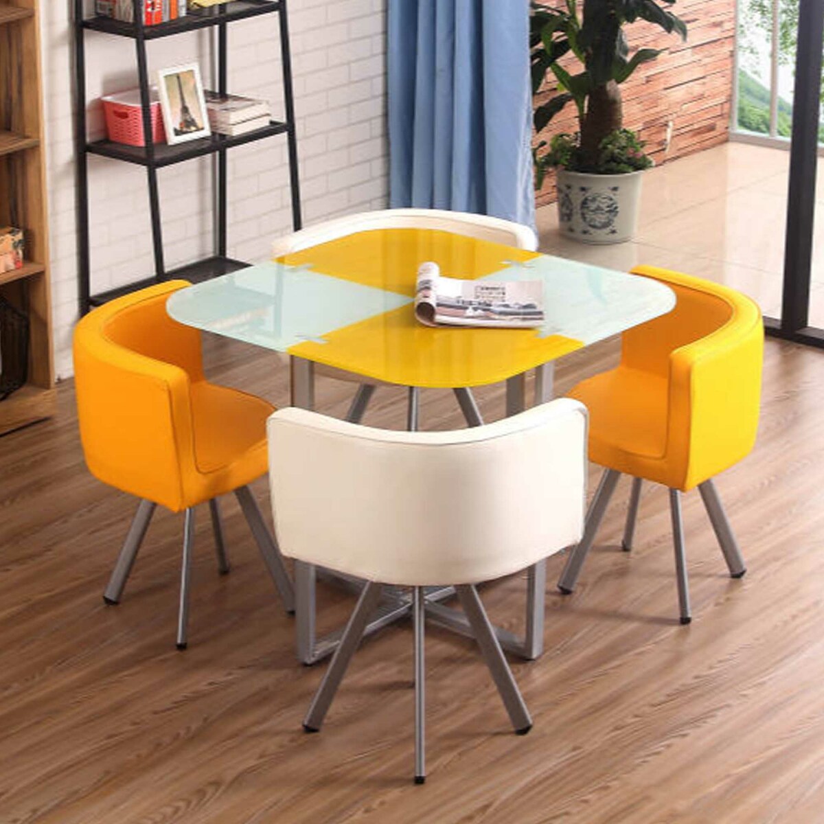 Buy Maple Leaf Home Glass Dining Table Size H75 X W90 X L90cm 4 Chair Yellow Off White Color Online Lulu Hypermarket Oman