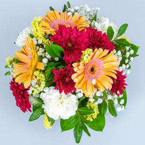 Round Composition Of Gerbera Mini, Mums And Carnations Table Arrangement