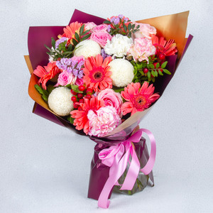 Handtied Bouquet Of Germini, Mums And Roses In Premium Packing