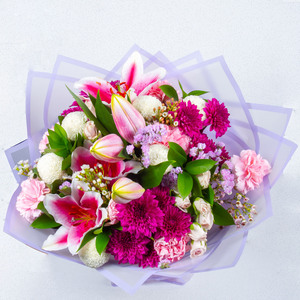 Handtied Bouquet Of Mix Flowers, Lilies, Mums, Carnations And Spray Roses