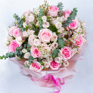 Premium Bouquet Of Roses, Spray Roses, Wax Flower, Eucalyptus In Exotic Packing