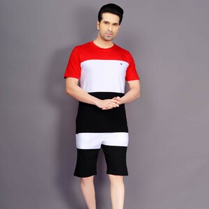 Eten Men's Night Wear Set Top & 3/4 Shorts MNP-14RD, Red-Medium
