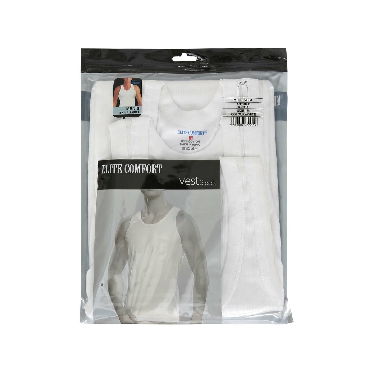 Elite Comfort Men's Rib Vest 3Pcs Pack White XX-Large